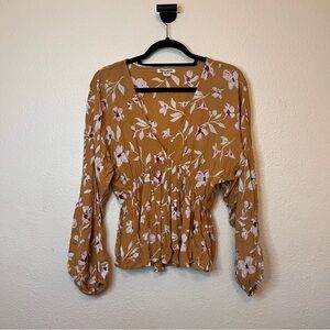Billabong Floral Long Sleeve Blouse Yellow Size Large Elastic Waist V-neck